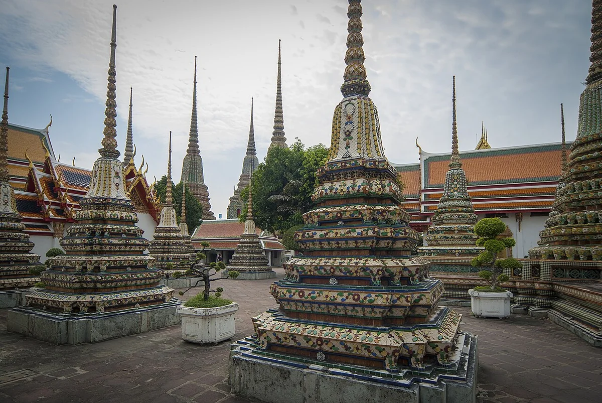 Decorated chedis in the courtyards of Wat Pho in Bangkok