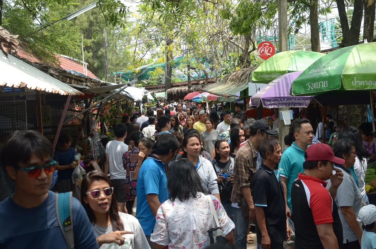 Visitors walking between shaded stalls at Bang Nam Phueng Market
