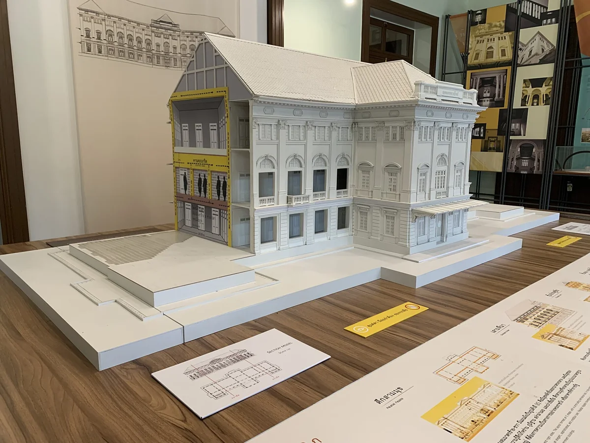 Architectural scale model displayed inside Museum Siam with framed pictures behind