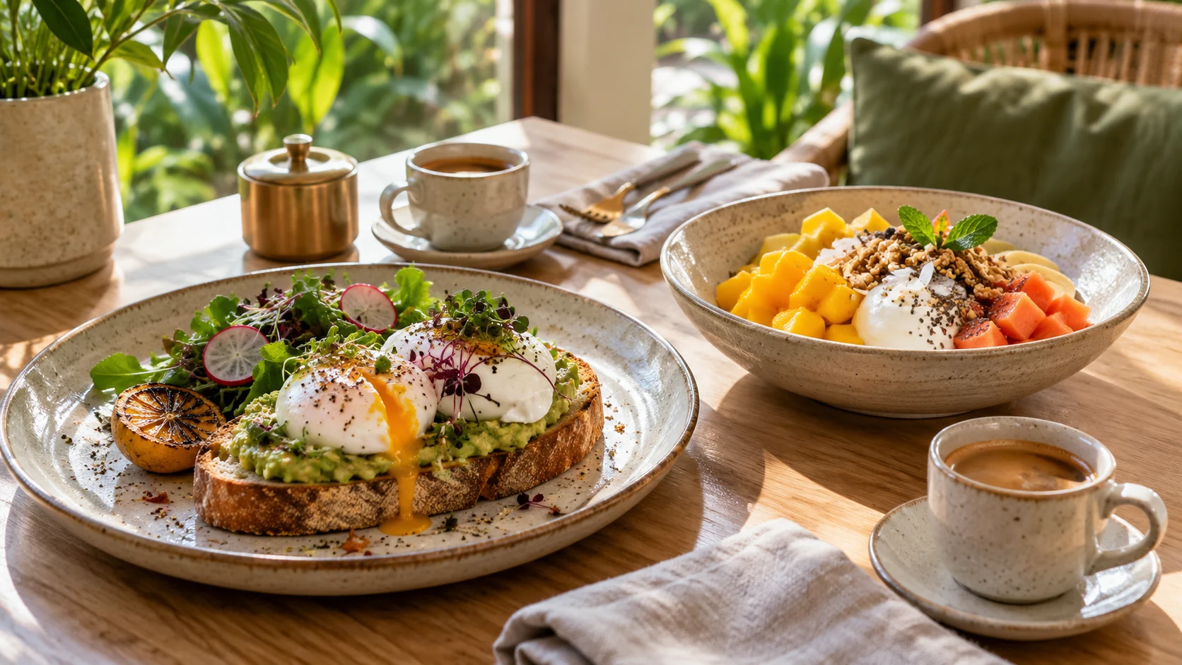 AI concept illustration of eggs, sourdough, tropical fruit and coffee