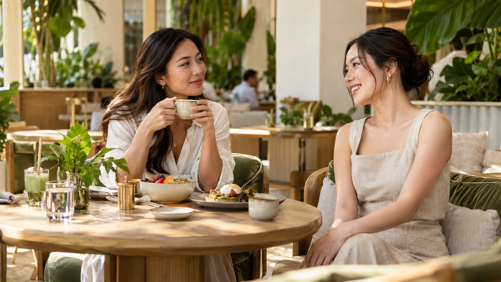 AI concept illustration of two adult friends chatting over brunch