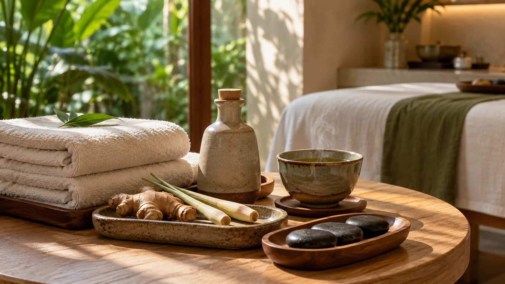 AI concept illustration of towels, herbal tea, ginger and spa accessories